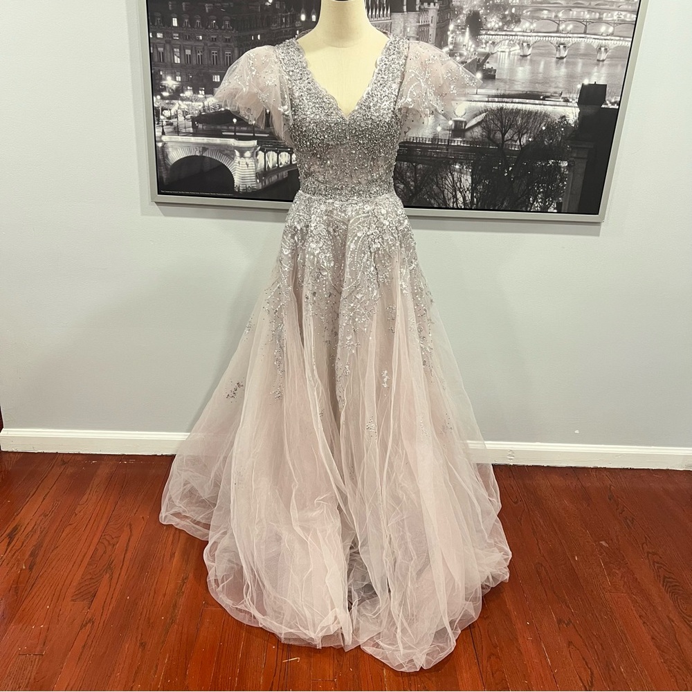Mac Duggal Embellished Floral Embroidered Flutter Sleeve VNeck Sparkly Ballgown
